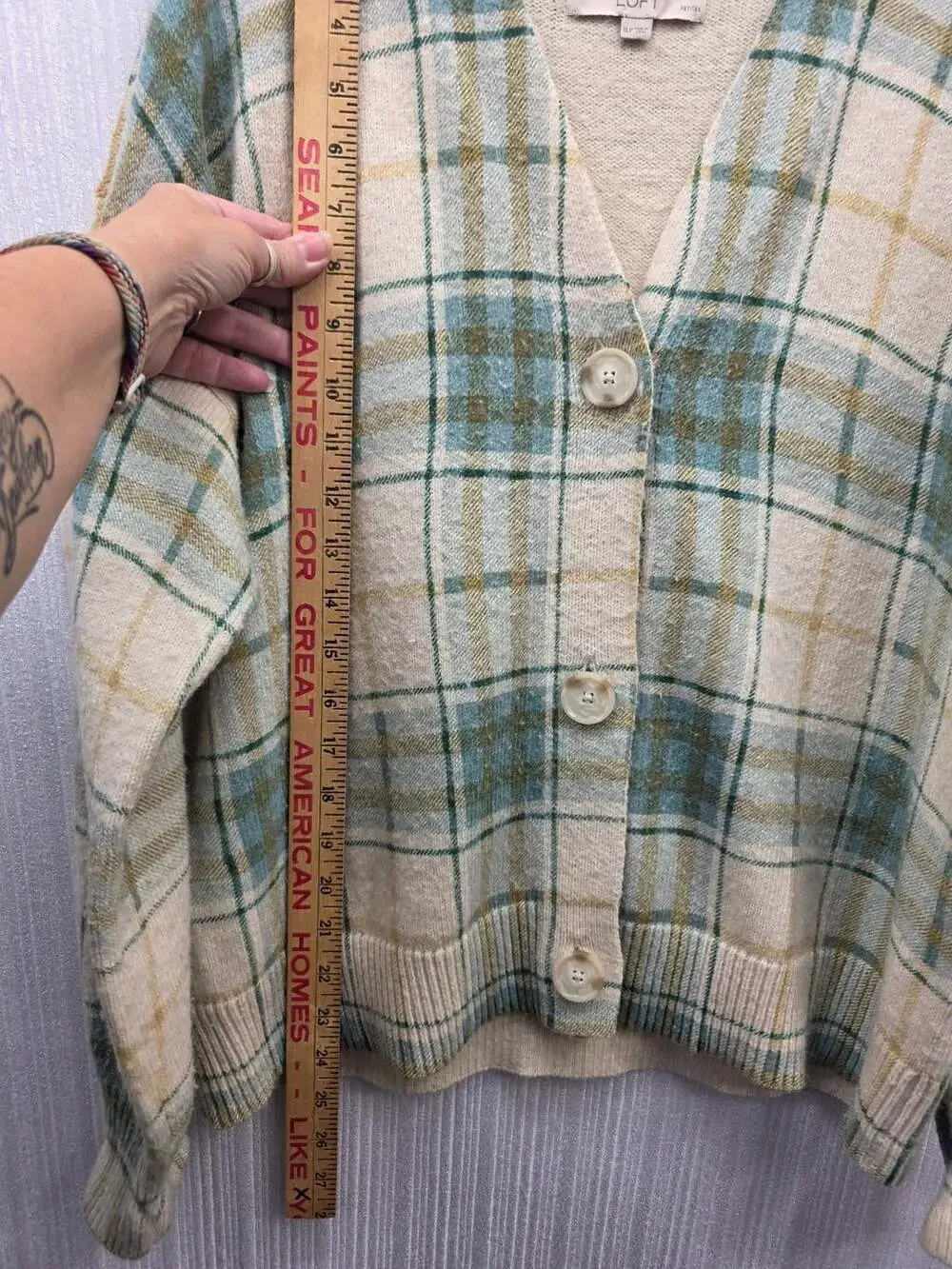 LOFT Plaid Cardigan Size XLP Blue Green Cream V-Neck Button Front